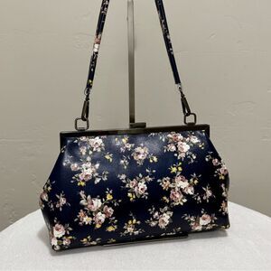 Floral Print Genuine Leather Handmade Push Lock  Shoulder Bag, Crossbody Bag
